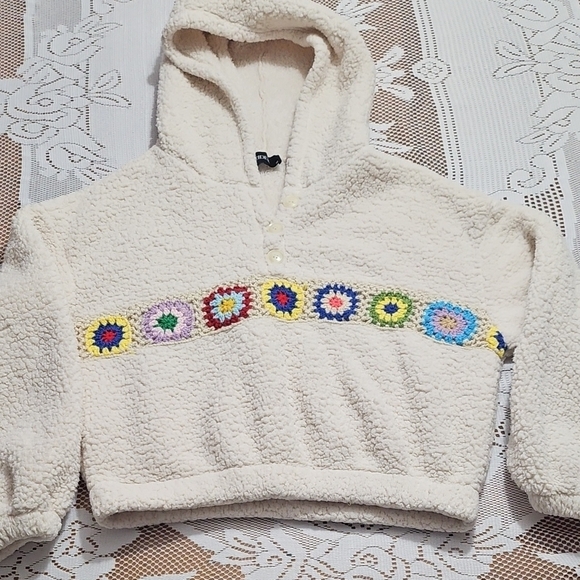 Cider Tops - Cider Cream Cropped Hoodie with Colorful Crochet Accents